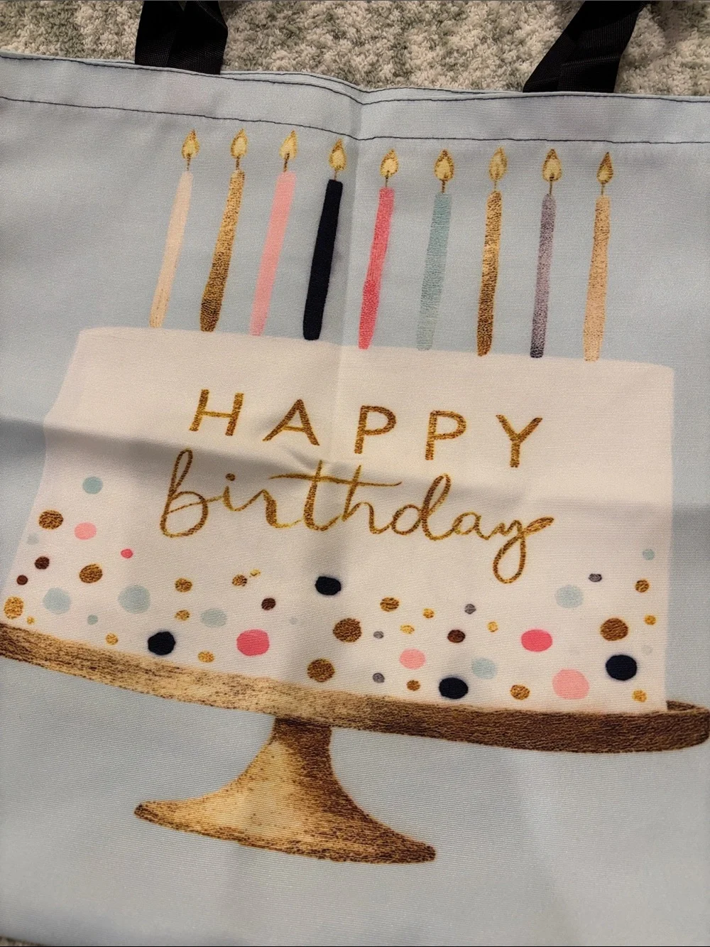 Happy Birthday Cake Light Blue Poly Canvas Tote Bag NWT 15.75x15”